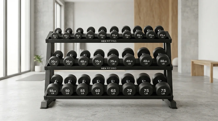 A complete dumbbell set with rack showcasing proper weight organization for fitness enthusiasts.