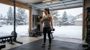 A winter garage workout scene highlighting dumbbell sets vs adjustable dumbbells for home gym routines across Canada.
