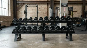 A full metal rack featuring multiple weights, illustrating dumbbell sets vs adjustable dumbbells for home gym equipment organization.