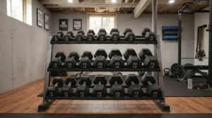 A heavy-duty dumbbell set with rack arranged professionally in a dedicated basement workout space during winter.