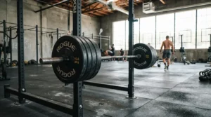 Multiple heavy weight plates loaded to test the bar load capacity of a 45lb olympic barbell.