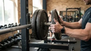 Weight plates being loaded onto a heavy-duty 45lb olympic barbell during a workout.