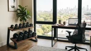 A minimalist dumbbell set with rack blending seamlessly into a multi-purpose home office setup.