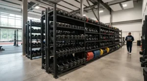 Rows of a professional dumbbell set ready for bulk gym equipment installation across Canada.