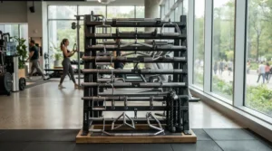 A professional dumbbell set arranged neatly on a rack in a modern Canadian fitness facility.