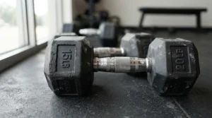 Close-up of a professional dumbbell set showcasing rugged construction built for daily commercial use.