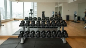 Upscale hotel gym featuring a sleek professional dumbbell set for travelling guests.