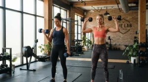 Personal trainer utilizing a professional dumbbell set during a client session in Toronto.