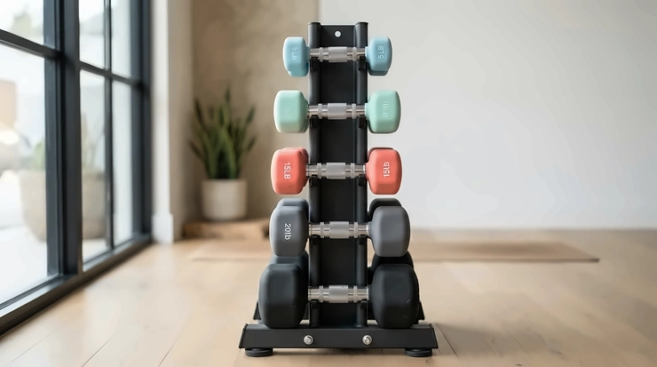 A compact professional dumbbell set stored on a space-saving vertical rack.