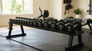 A rubber-coated dumbbell set with rack protecting hardwood floors in a contemporary home fitness studio.