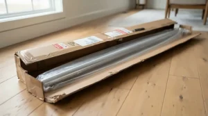 A newly delivered 45lb olympic barbell unpacked after fast shipping to a Canadian residence.