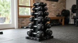 A vertical dumbbell set with rack designed to minimize rack footprint in smaller Canadian residences.